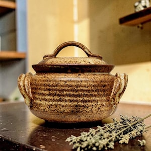 May include: A speckled brown ceramic lidded pot with a curved handle. The pot has two side handles and a dark brown rim. The pot is sitting on a dark wooden surface with a sprig of dried greenery.