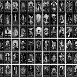 Complete Tarotkaartenset geïnspireerd Rider Waite Smith Tarot Card Deck B&W Edition | Beeldbundel | Afdrukbare collagekit voor muurkunst digitaal