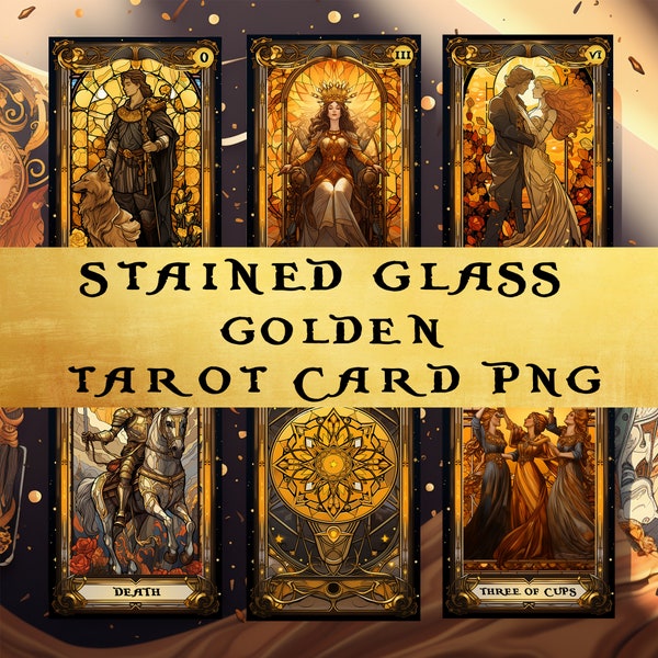 Complete Tarot Carding Stained Glass Golden Edition Set Inspired Rider Waite Smith Tarot Card Deck, Bundle tarot Printable Tarot Carding