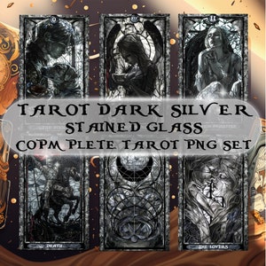 Volledige Tarot Kaarden Gebrandschilderd glas Donker Zilver Set Geïnspireerd Rider Waite Smith Tarot Card Deck, Bundel tarot Afdrukbare Tarot Kaarden