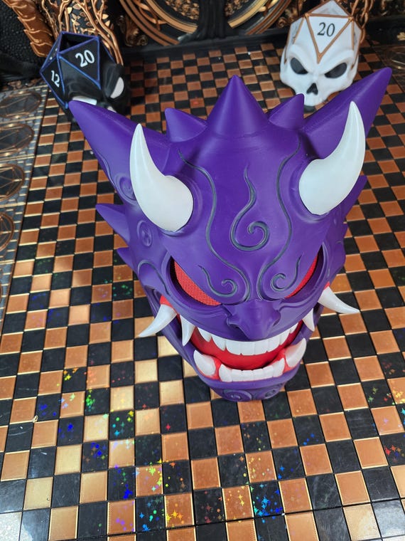 Purple Oni Mask – 3D Printed Cosplay, Glow Teeth Horns – Japanese