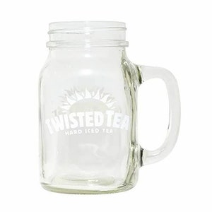 May include: Clear glass mason jar with a handle, featuring the text "Twisted Tea Hard Iced Tea" in white. The design includes a sun graphic above the text. The jar is designed for beverages.