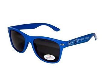 May include: Blue plastic sunglasses with dark lenses and the text "Deep Eddy Vodka" on the arms.