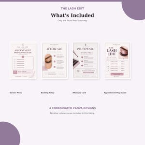 May include: A set of four coordinated digital templates titled The Lash Edit in a Plum Pearl colorway. The collection includes an appointment preparation guide, aftercare card, booking policy, and service menu, all featuring soft purple accents.