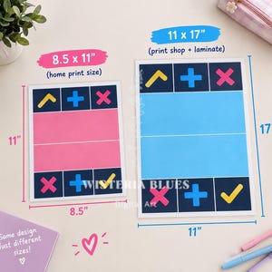 May include: Two rectangular educational charts featuring dark blue rows with yellow checkmarks, blue plus signs, and pink x-marks. The left chart is 21.59 by 27.94 cm with a pink centre, while the right chart is 27.94 by 43.18 cm with a blue centre.