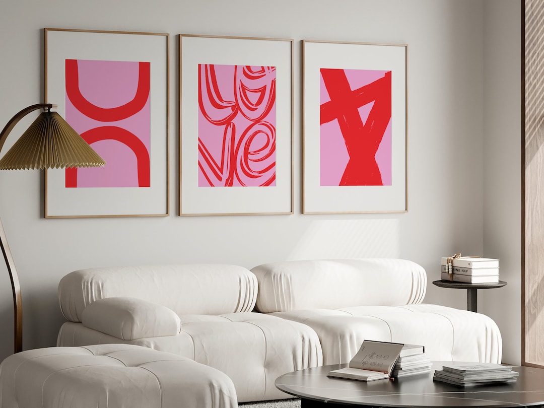 Pink Wall Art Set of 3 Hot Pink Wall Art Abstract Print Set Geometric ...