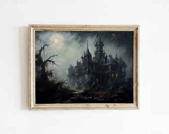 Haunted House Print - Halloween Decor Poster - Dark Academia - Halloween Oil Painting Gothic PRINTABLE Spooky Halloween