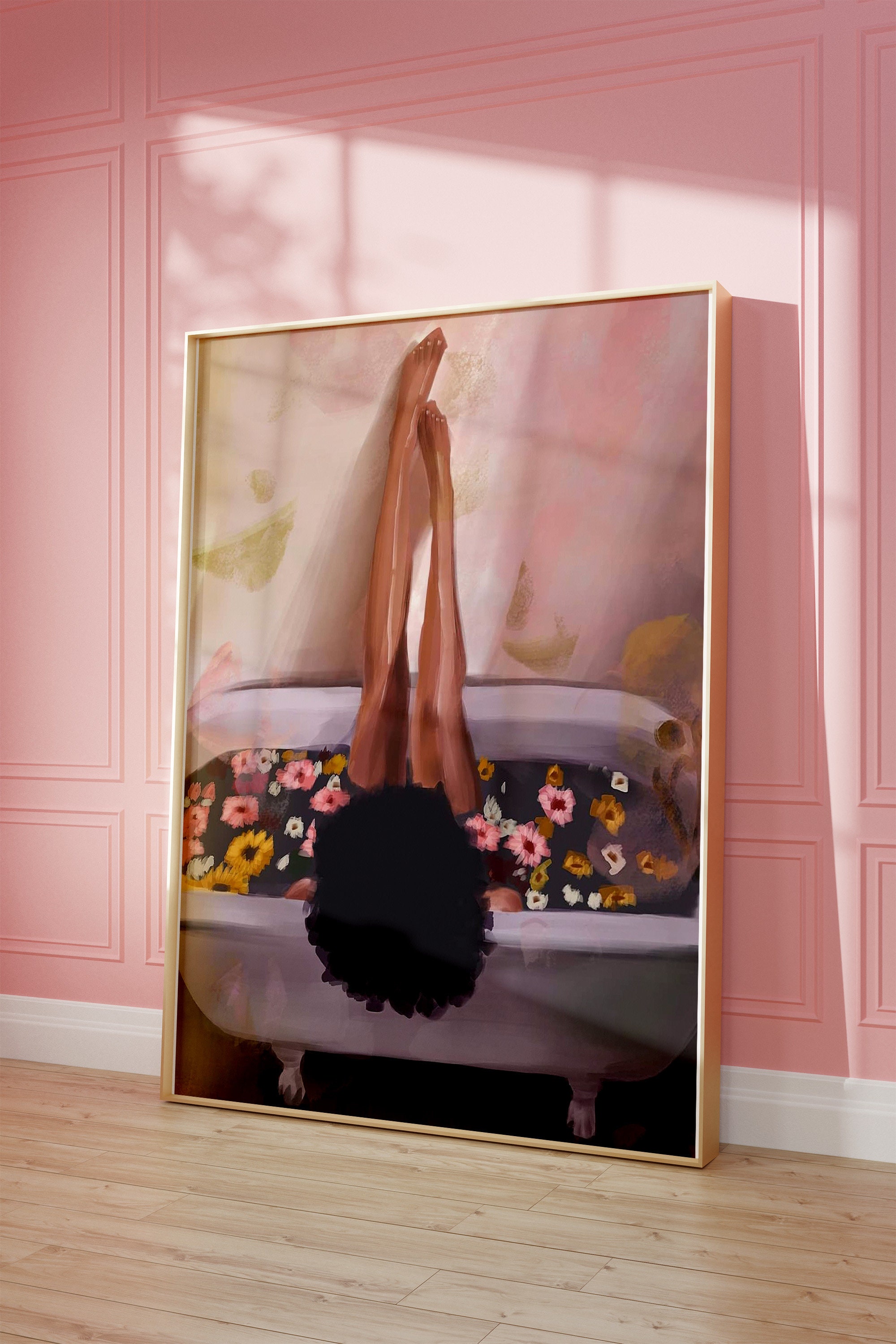Bathroom Wall Art, Girl in Bathtub Painting, Bathroom Art, Pink