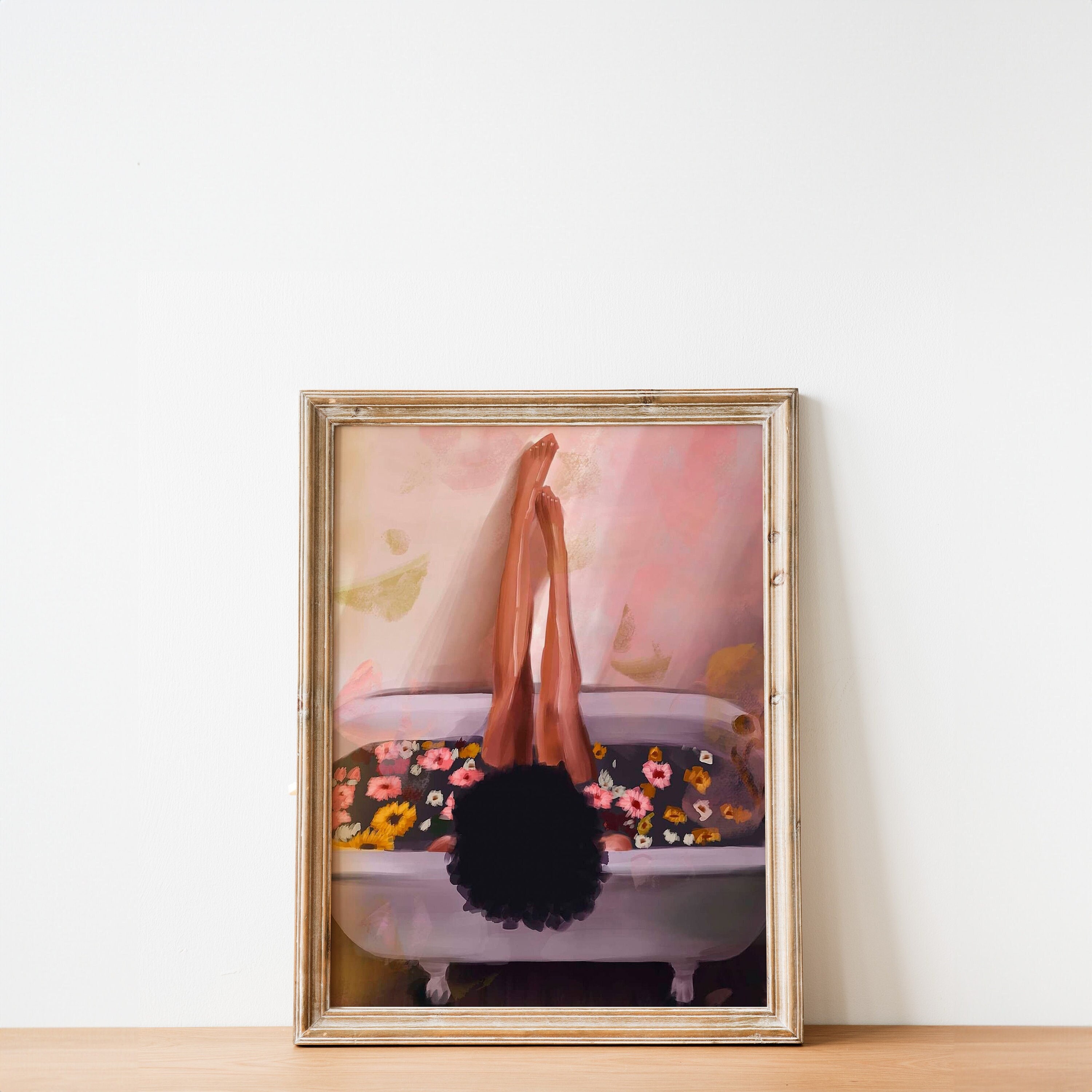 Bathroom Wall Art, Girl in Bathtub Painting, Bathroom Art, Pink