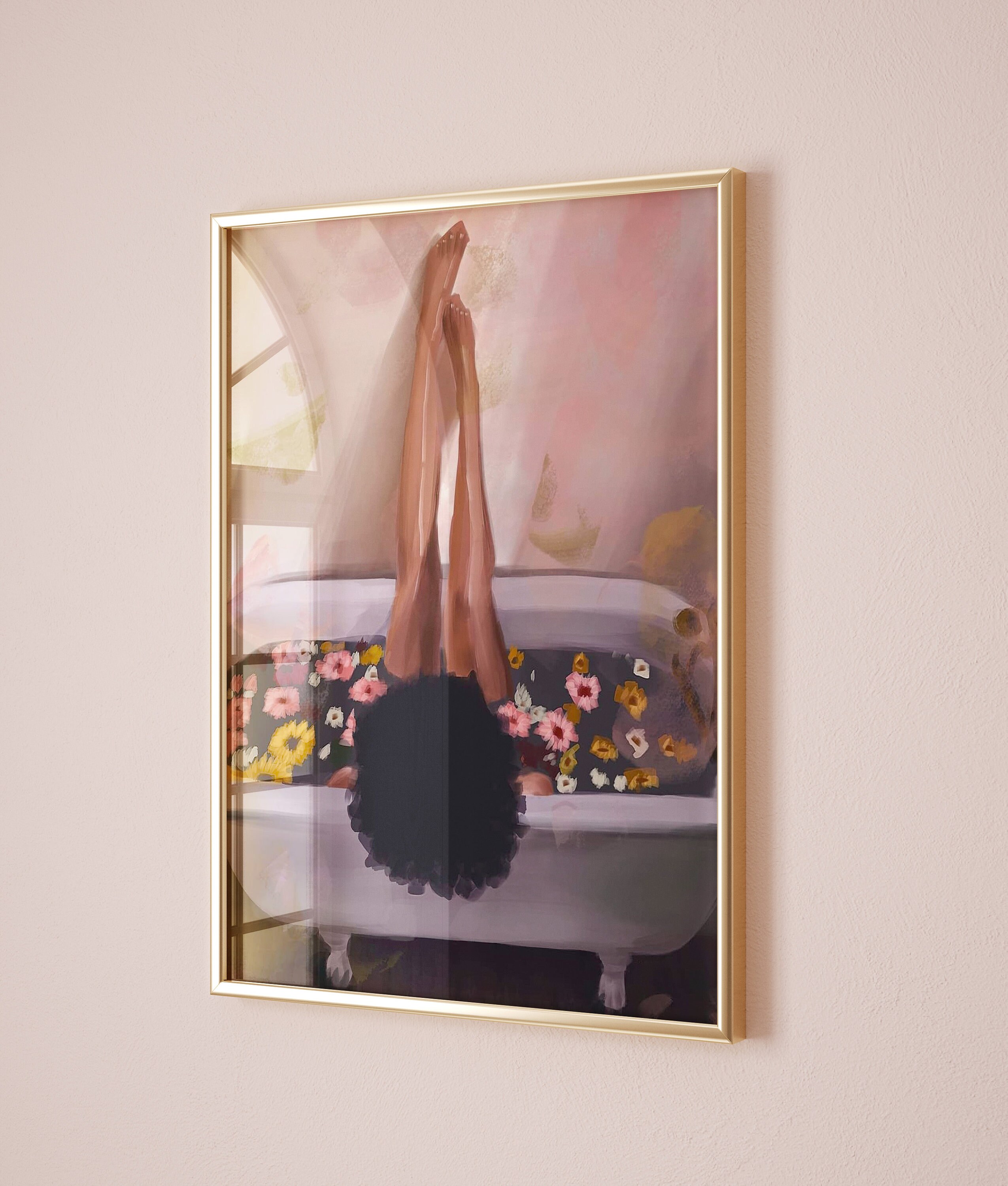 Bathroom Wall Art, Girl in Bathtub Painting, Bathroom Art, Pink