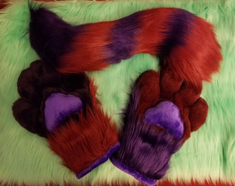 Rabo de gato vermelho e roxo, rabo de guaxinim e patas