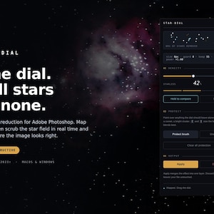 May include: A digital interface for Star-Dial software featuring a dark theme with a nebula background. The panel displays settings for star reduction, including density sliders, a protect brush, and apply buttons, with text reading Star-Dial.