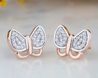 Diamond Butterfly Shaped Earring, 14k Yellow, White, Rose Solid Gold, Social Value Fine Jewelry, Butterfly Stud