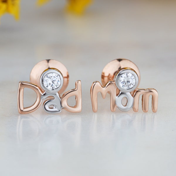 Mom & Dad Solid Gold Stud Earrings - Symbol of Love and Unity - Family Bond Earrings- Parental Love Earrings - Love and Unity Jewelry-
