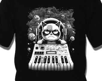 Evil Cats on synthesizers in space T-shirt