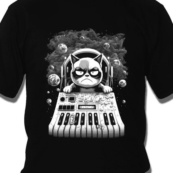 Evil Cats on synthesizers in space T-shirt