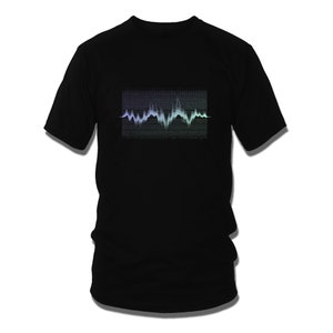 May include: A black t-shirt with a graphic of a stylized sound wave in shades of blue and green.