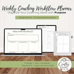 May include: A digital coaching workflow planner with the text "Weekly Coaching Workflow Planner" and "Organize Your Coaching Week with Purpose". The planner is designed for 6-12 instructional coaches and includes sections for daily and weekly planning.