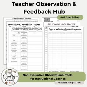 Puede incluir: Un conjunto de herramientas de observación imprimibles y PDF digitales para entrenadores de instrucción. Los documentos incluyen rastreadores para visitas al aula, aprendizaje activo e instrucción centrada en el maestro versus el estudiante. El texto dice "Teacher Observation & Feedback Hub".