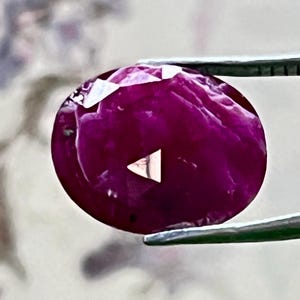 Op de afbeelding: Een gefacetteerde, ovaalvormige robijn edelsteen, vastgehouden door een pincet. De robijn heeft een diepe, verzadigde rood-paarse kleur, met meerdere facetten die het licht vangen. Een kleine, driehoekige insluitsel is zichtbaar.
