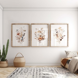 Set of 3 Neutral Watercolor Flowers Bouquets | Instant Download Printable Wall Art | Cozy Boho Style Home Decor