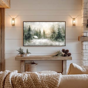 Frame TV Winter Art • Snowy Landscape with Snow-laden Trees and Charming Cabin • Serene Winter Scene for Your Home Decor