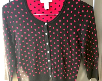 Polka Dot Cardigan Sweater - Black, Rhinestone Snap Buttons (Petite XS/S)