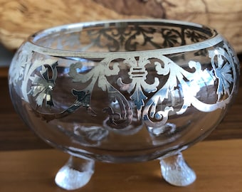 EAPG Sterling Silver Overlay Pattern Furry Animal Footed Candy / Bon Bon Bowl
