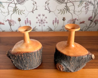 Pair of Rustic Hand Turned Live Edge Wood Bud Vases / Candle Holders with Bark x 2