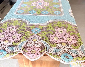 Vintage Mesh Lace Tablecloth w/ Intricate Floral Embroidery Hand Stitched 72” x 56”