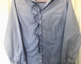 Banana Republic Ruffle Blouse: Blue White Stripe Cotton Poplin Shirt (Size 14)