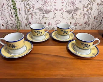 Set of 4 Spode Cups & Saucers in the Albany Pattern French Blue and Yellow