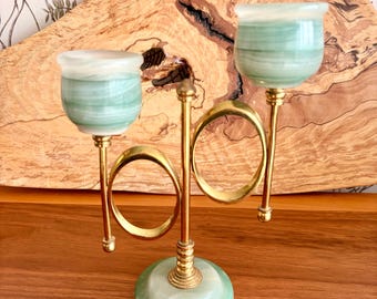 Vintage Green Onyx Stone and Brass Candle Holder Candlestick