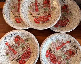 Vintage La Primula Italy Pizza Plates Hand Painted w/ woman Pizza Oven and Ingredients x 6 plates