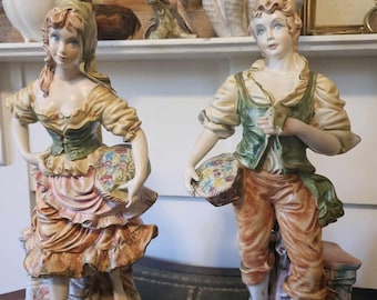 Vintage Pair Capodimonte Girl & Boy with Flowers Porcelain Figurine Lamps