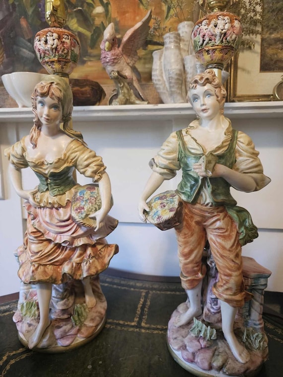 Vintage Pair Capodimonte Girl & Boy With Flowers Porcelain