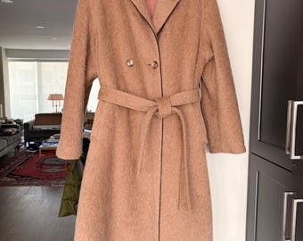 Vintage 100 % Mohair Wool Long Dress Coat in Camel Colour w/ Tortoiseshell Buttons Sz 12 - 14 Made in England