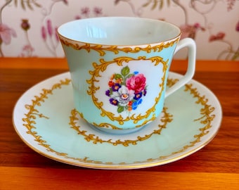 Vintage Limoges Porcelain France Cup & Saucer in Sevres Style Hand Decorated Antique Copy Bleu Celeste Ground Color