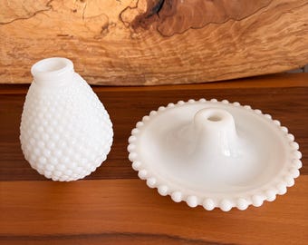 Pair of Hobnail Milk Glass Lamp Parts 1 Lamp Base and 1 Globe