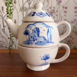Tea for One Stacking Teapot and Cup Made in Italy for Holt Renfrew’s Viva Italia line of Pottery Blue and White