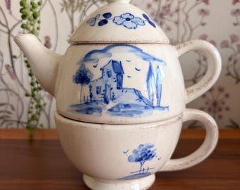 Tea for One Stacking Teapot and Cup Made in Italy for Holt Renfrew’s Viva Italia line of Pottery Blue and White