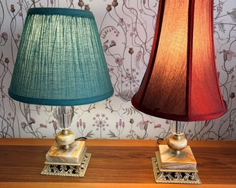 Pair of Vintage Green Onyx Stone and Cut Glass Table Lamps w/ Scroll Cut Metal Bases Working Order