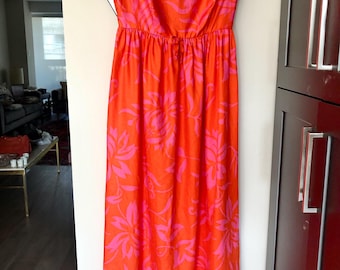 Vintage Hawaiian Maxi Dress: Casual Aire Reef Towers, Orange & Pink, Sz Small