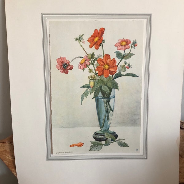 Laurence Perugini 1930’s Still Life Watercolour Lithograph Titled Dahalias Printed in Switzerland