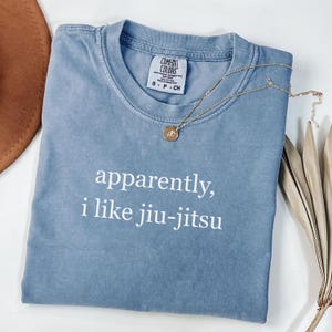 May include: A blue Comfort Colors t-shirt with the text "apparently, i like jiu-jitsu" in white. A gold necklace with a pendant is draped across the shirt. A brown hat and dried plant are in the background.