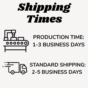 May include: Text on a cream background reads "Shipping Times" in a bold, black font. Below, a graphic of a factory conveyor belt is next to the text "PRODUCTION TIME: 1-3 BUSINESS DAYS." A graphic of a delivery truck is next to the text "STANDARD SHIPPING: 2-5 BUSINESS DAYS."