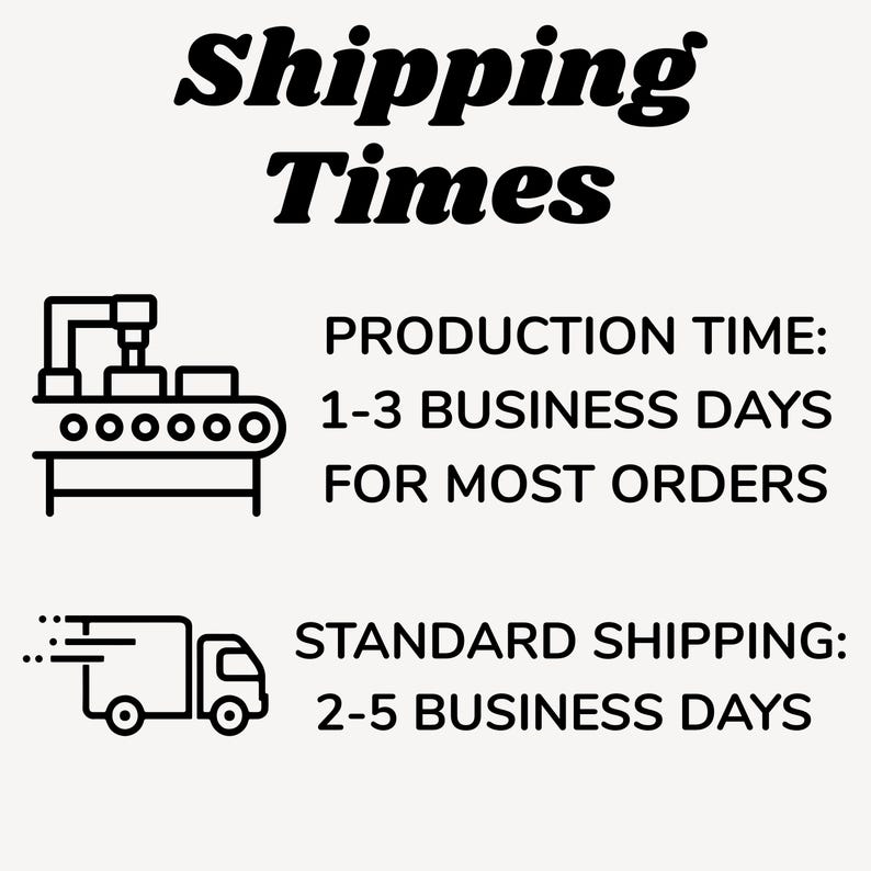 May include: Text graphic with the words "Shipping Times" in a bold, stylized font. Below, it details production time as 1-3 business days for most orders and standard shipping as 2-5 business days. Icons of a factory and a delivery truck are included.