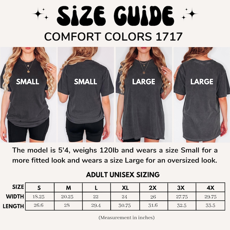 Pu&ograve; includere: Guida alle taglie per le t-shirt Comfort Colors 1717. L'immagine mostra modelli che indossano magliette piccole e grandi. Il testo include le taglie unisex per adulti con misure di larghezza e lunghezza in pollici per le taglie S-4XL.