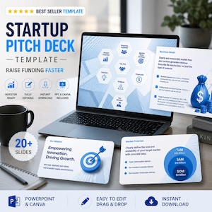 Może przedstawiać: Laptop wyświetla szablon "Startup Pitch Deck" z niebiesko-białą grafiką. Obraz zawiera slajdy dotyczące potencjału rynku, modeli biznesowych i informacji finansowych. Tekst zawiera "Raise Funding Faster" i "Instant Download."