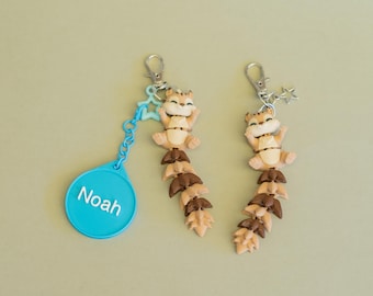 Squirrel, clip-on keychain school bag tag, 3D printed, personalised gift. Authorised Fluffy Tails seller Australia, PLA biodegrades.